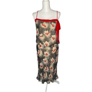 Laundry by Shelli Segal Sz 10 silk Chiffon Floral Red MIDI Dress Cinch Waist